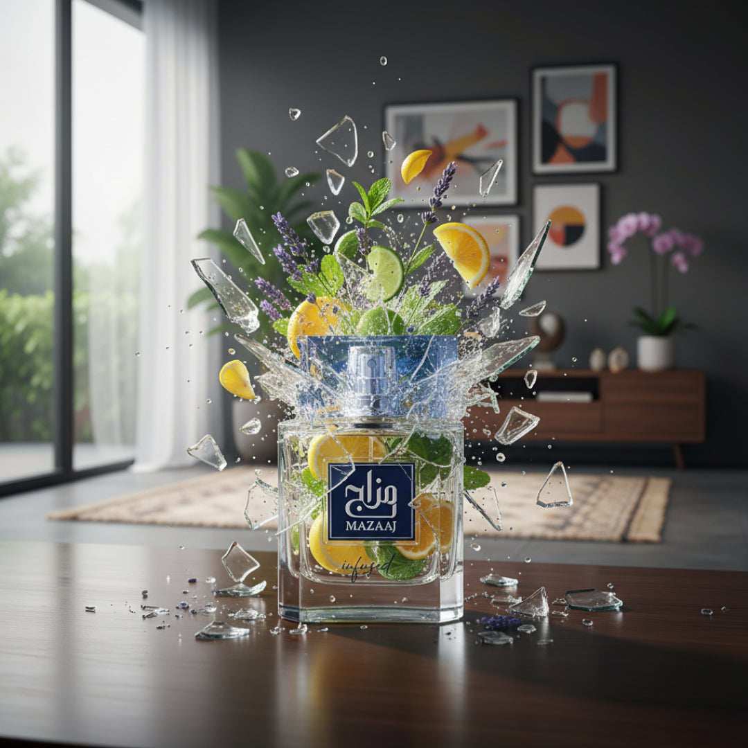 Perfume bottle broken with 'Mazaaj' branding on a white background