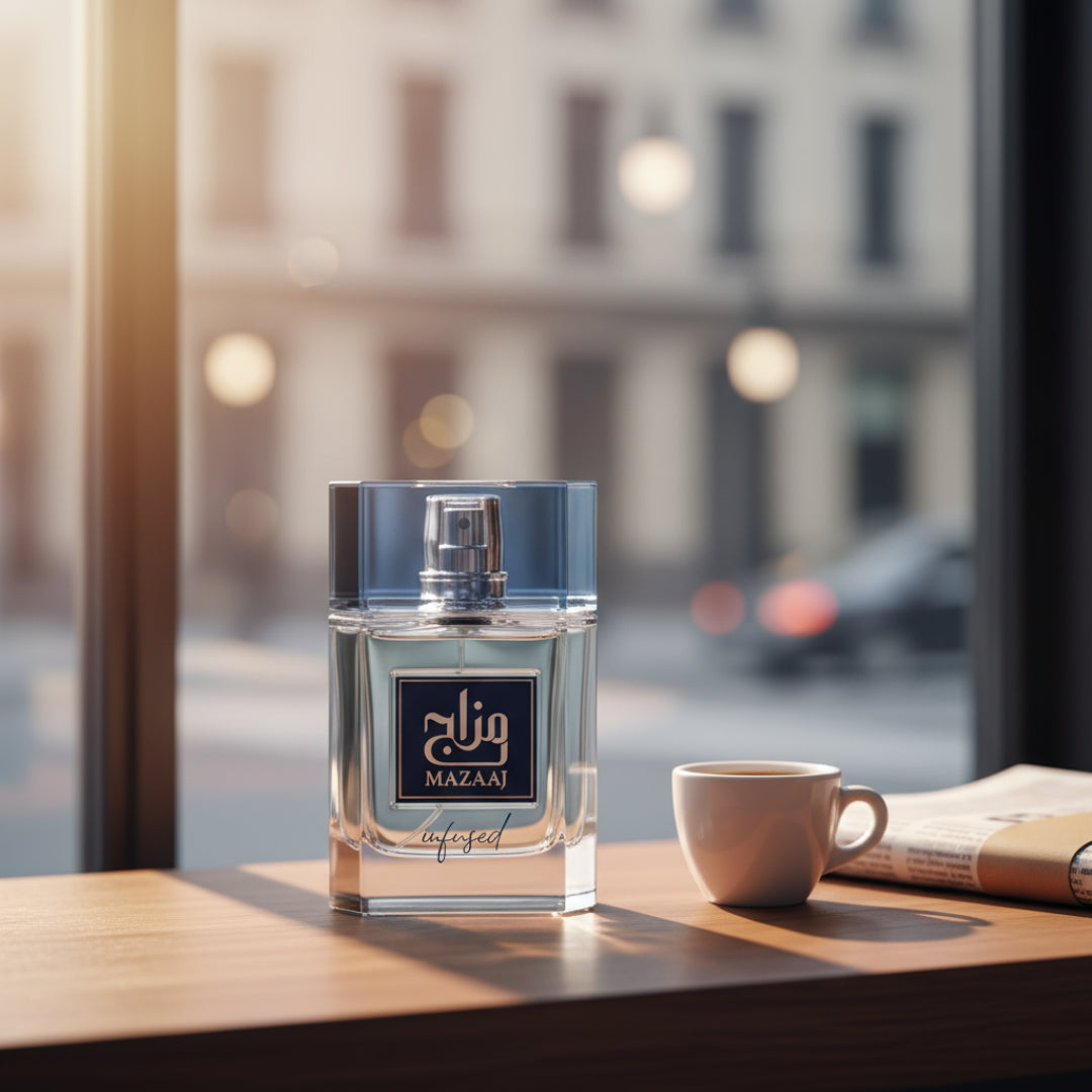 Mazaaj Infused by Zimaya perfume bottle beside espresso cup on café counter morning KL lifestyle Malaysia