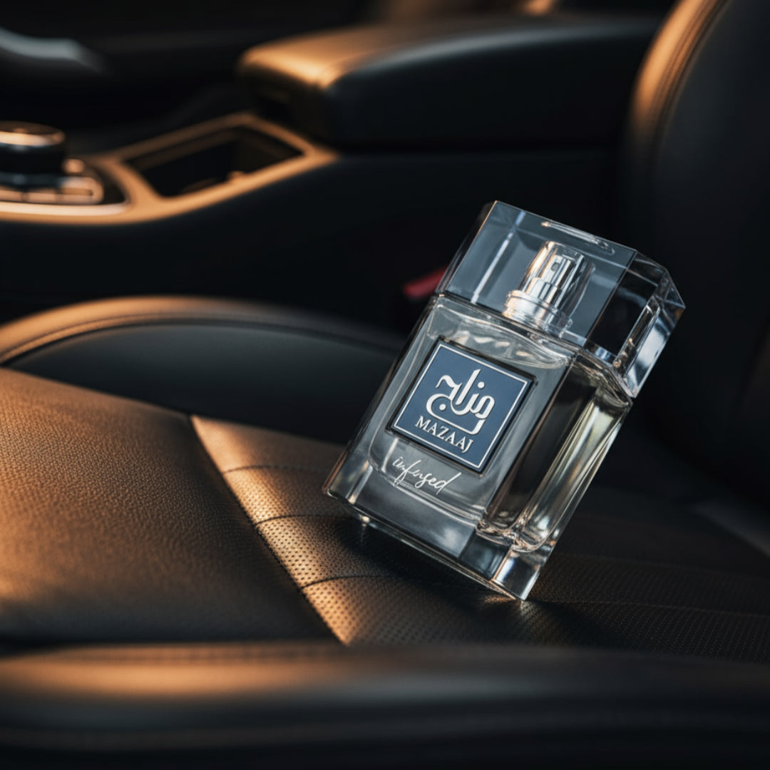 Mazaaj Infused by Zimaya perfume bottle on black leather car seat amber light luxury men scent Malaysia”