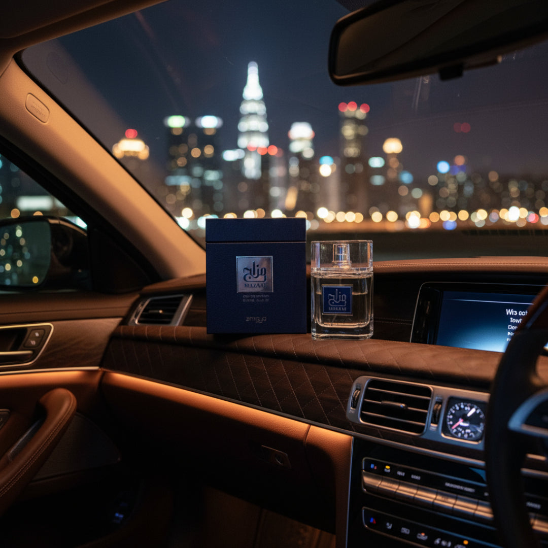 Mazaaj Infused by Zimaya perfume bottle on luxury car dashboard with KL city lights night masculine fragrance Malaysia