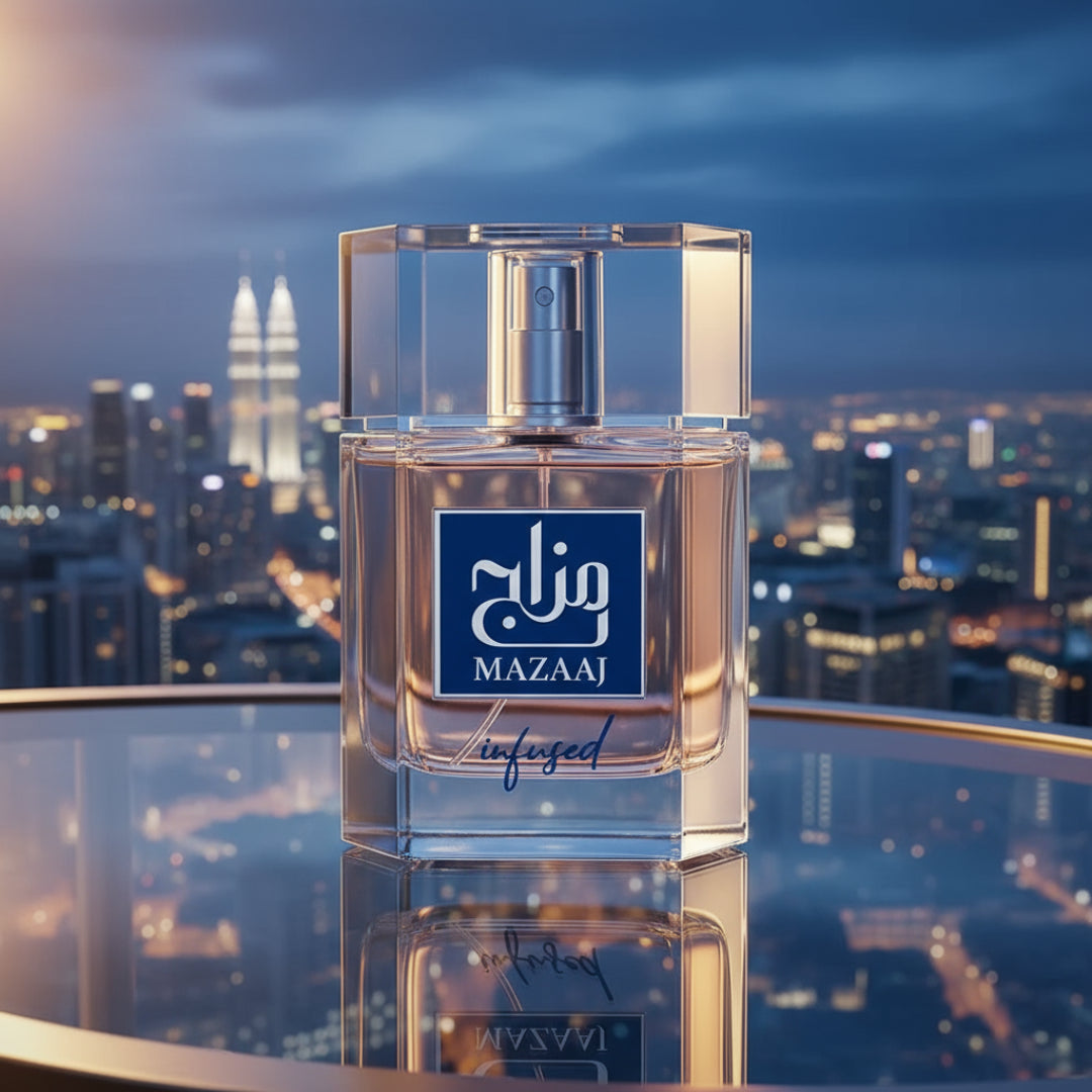 Mazaaj Infused by Zimaya perfume bottle on sky lounge table with KL night lights reflection Malaysia
