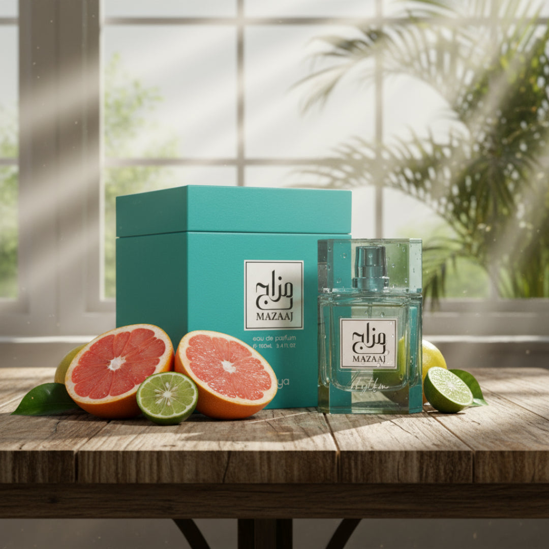 Mazaaj Rhythm by Zimaya perfume bottle with grapefruit and bergamot on table morning sunlight Malaysia unisex fragrance