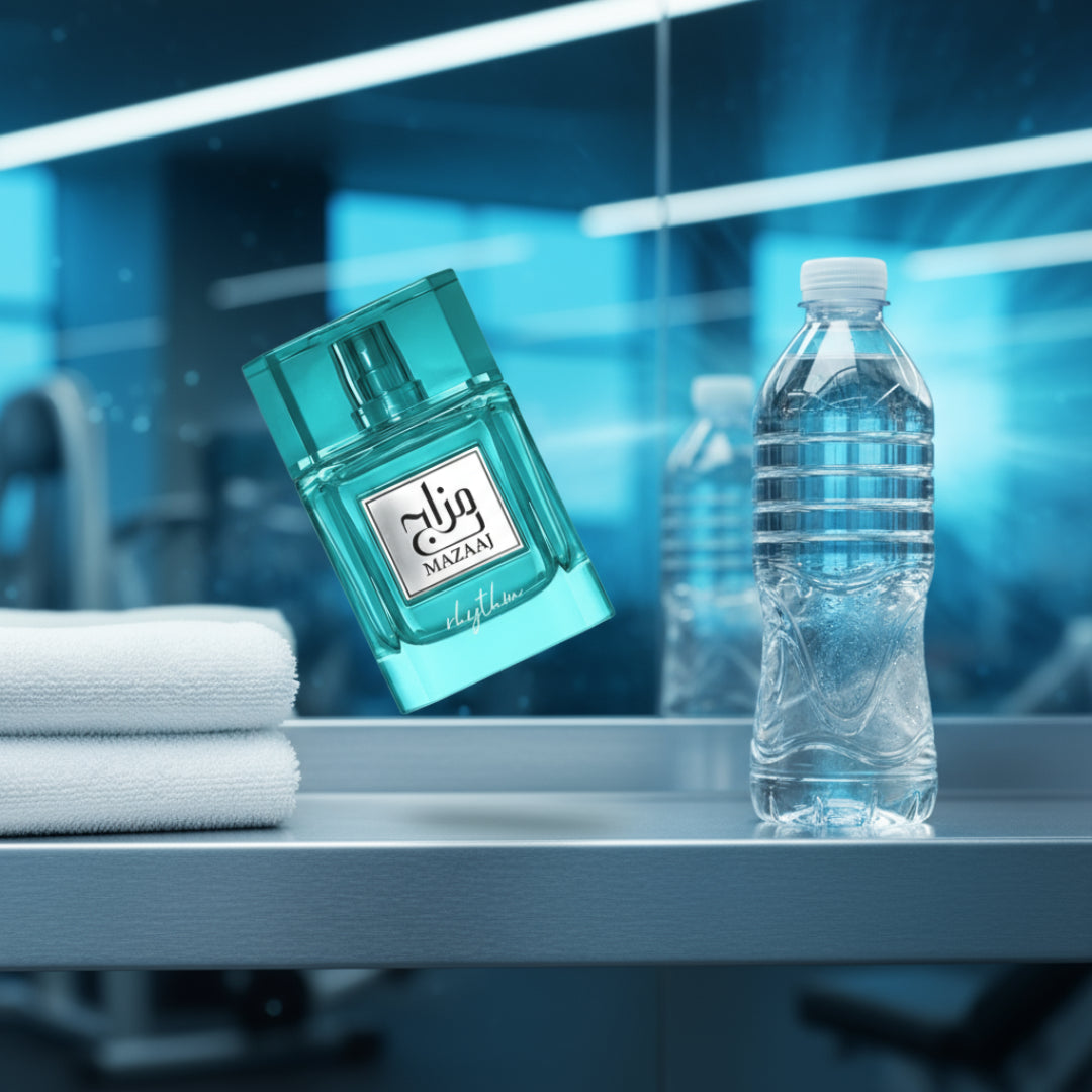 Mazaaj Rhythm by Zimaya perfume bottle beside towel and water bottle fresh men women gym fragrance Malaysia