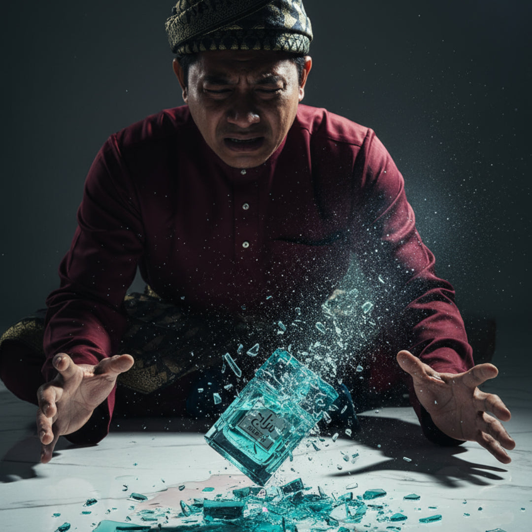 Person with a surprised expression looking at a shattered blue glass container on a dark background