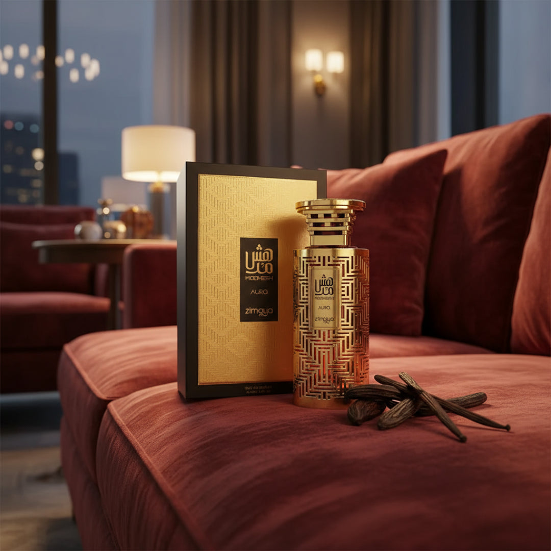 Men’s luxury fragrance bottle on velvet sofa penthouse with vanilla tonka beans Malaysia