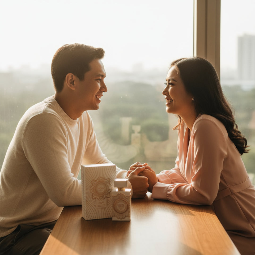 Musk Is Great by Zimaya perfume bottle on table with Malay couple smiling near window morning light Malaysia