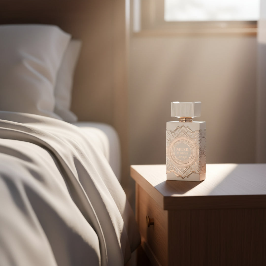 Musk Is Great by Zimaya perfume bottle on bedside table with white sheets sunlight Malaysia
