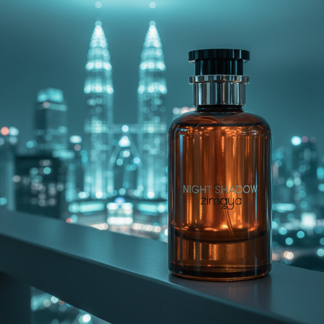 Night Shadow by Zimaya perfume bottle on balcony with Kuala Lumpur skyline city lights night fragrance Malaysia