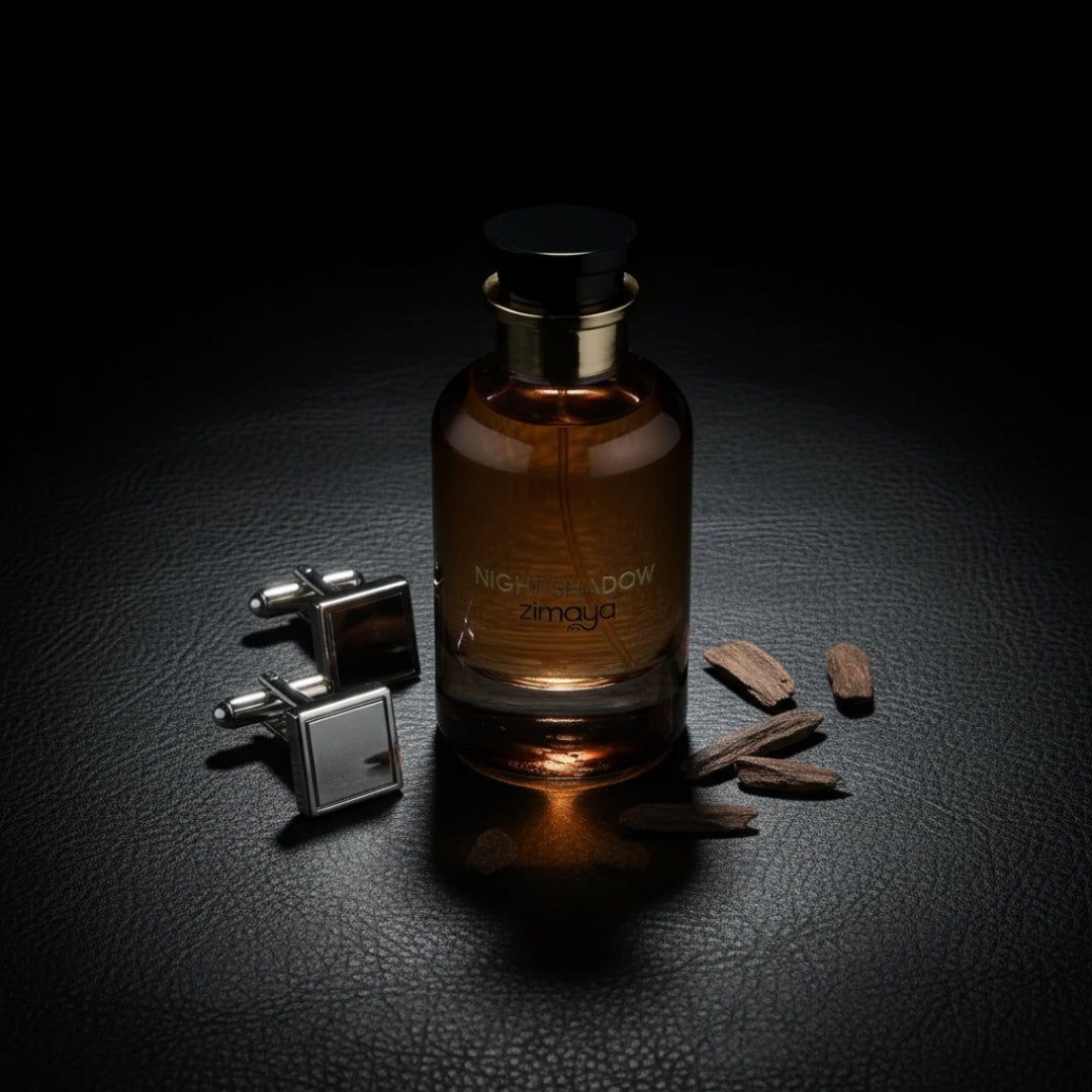 Night Shadow by Zimaya perfume bottle on black leather table with cufflinks and oud chips luxury scent Malaysia