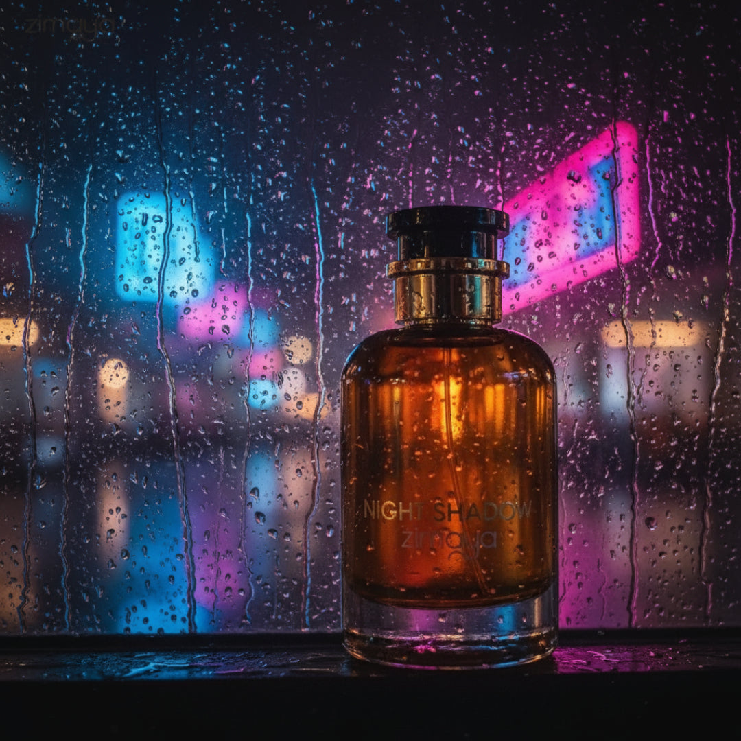 Night Shadow by Zimaya perfume bottle near rainy window with neon city reflection night fragrance Malaysia