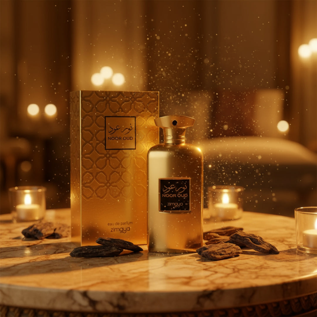 Noor Oud Dubai by Zimaya perfume bottle on gold marble table with oud wood and candlelight luxury unisex fragrance Malaysia