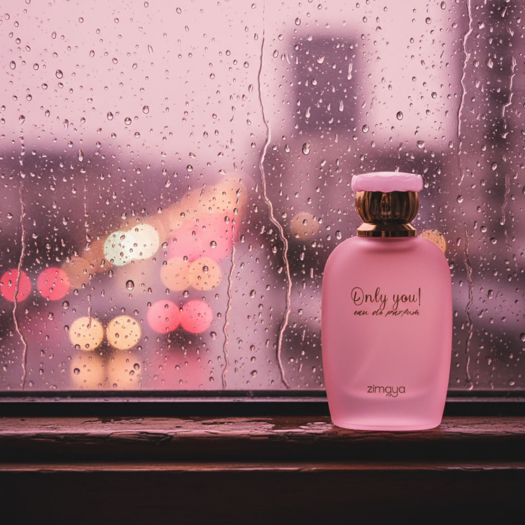 Only You by Zimaya Perfume Elixir bottle on window ledge with raindrops pink city lights Malaysia”