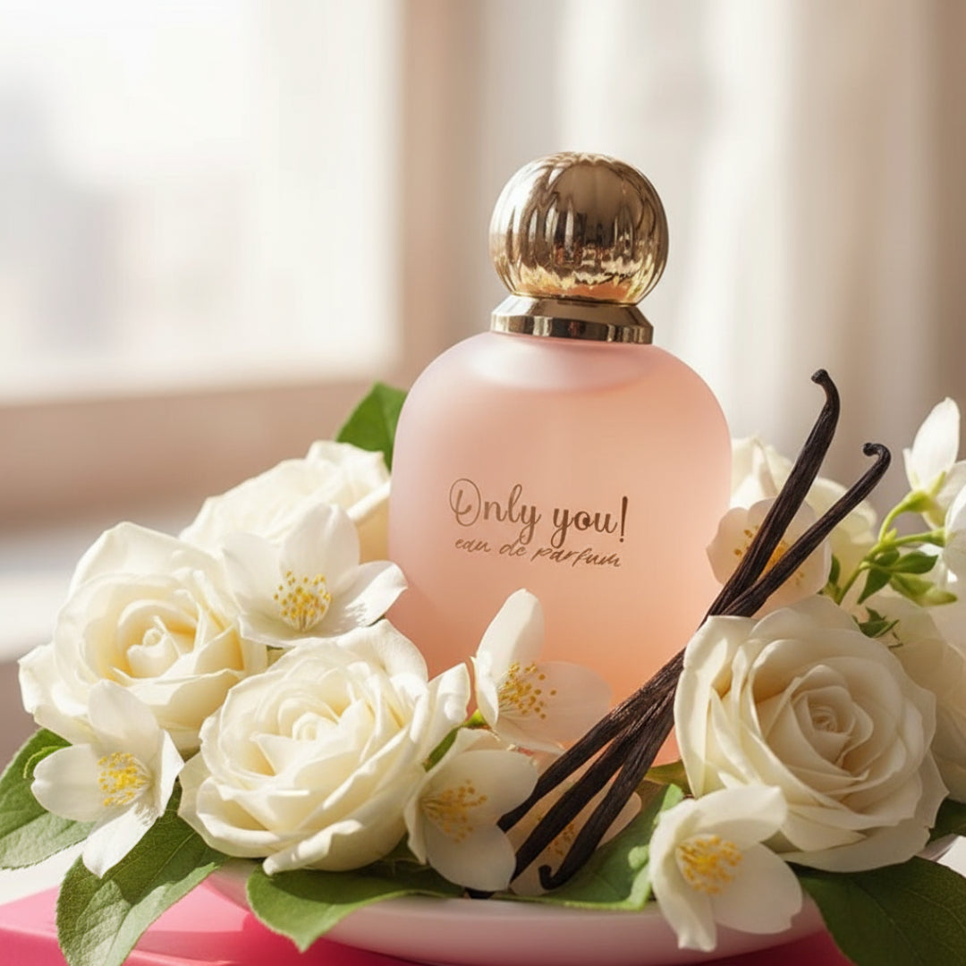 Only You by Zimaya Perfume Elixir bottle among white flowers and vanilla pods sunlight Malaysia