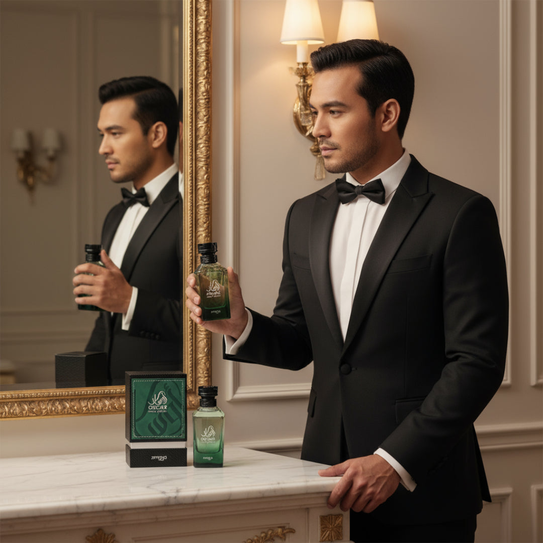 Malay man in tuxedo holding Oscar by Zimaya perfume bottle and box elegant men fragrance Malaysia”