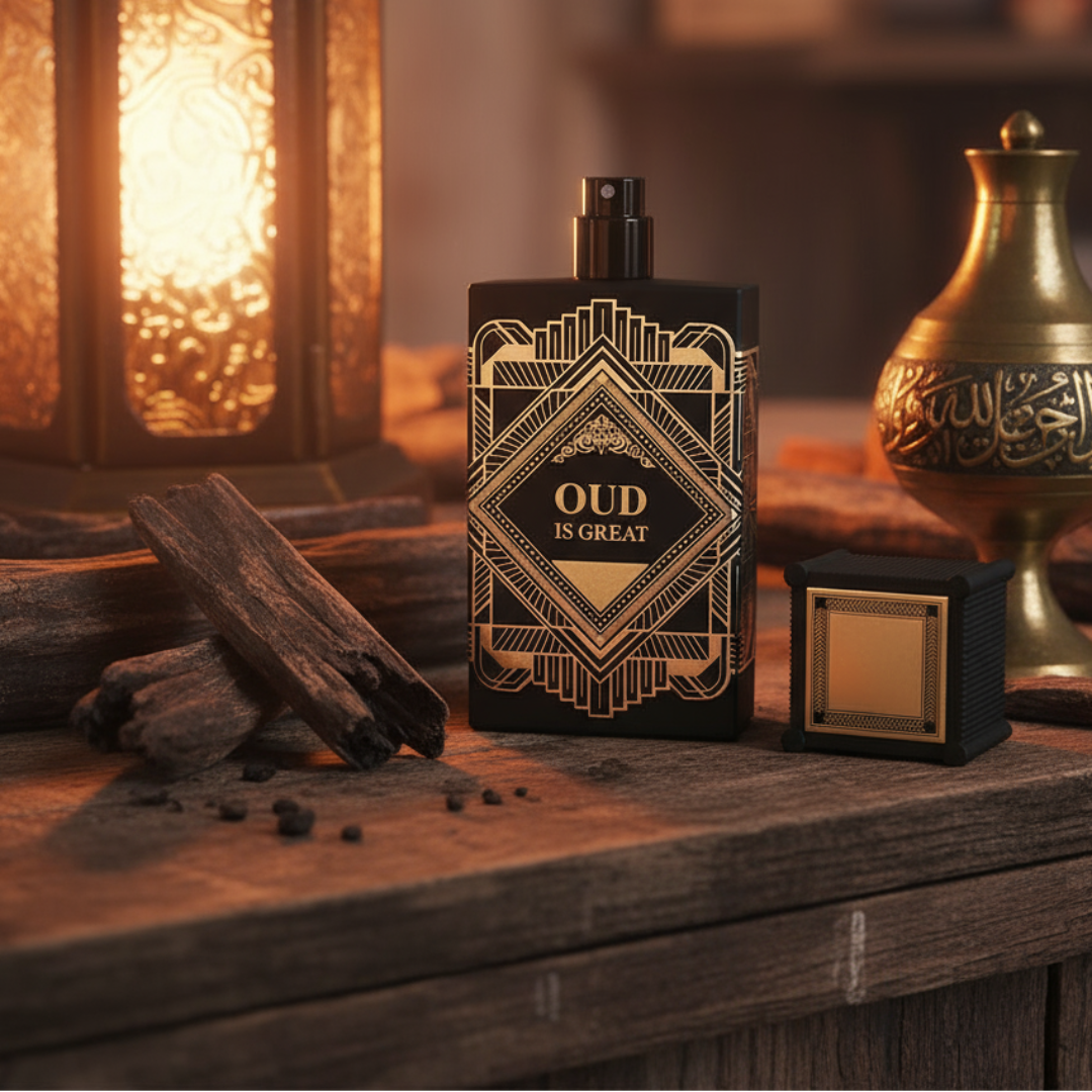Oud Is Great by Zimaya perfume bottle on wooden counter with oud logs and lantern heritage Malaysia