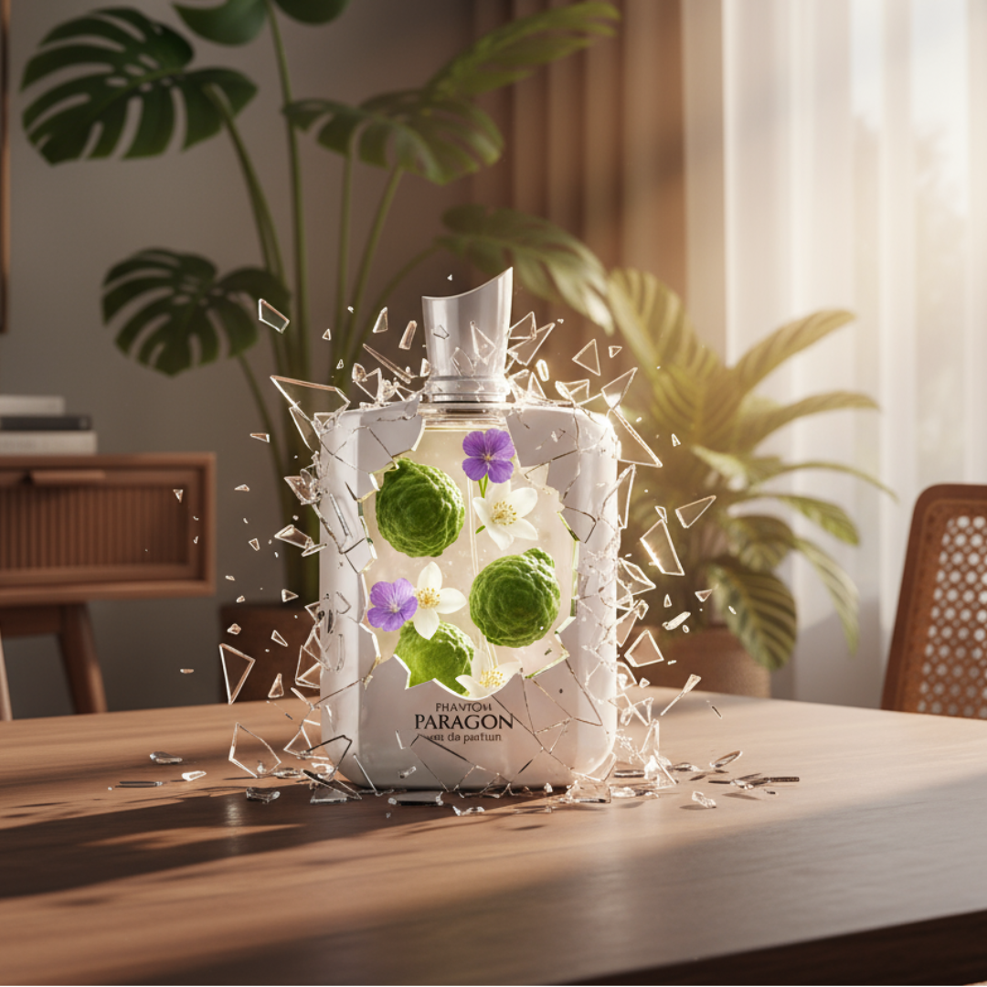 Phantom Paragon by Zimaya - Paragon perfume bottle with floral design on a wooden table, surrounded by plants.