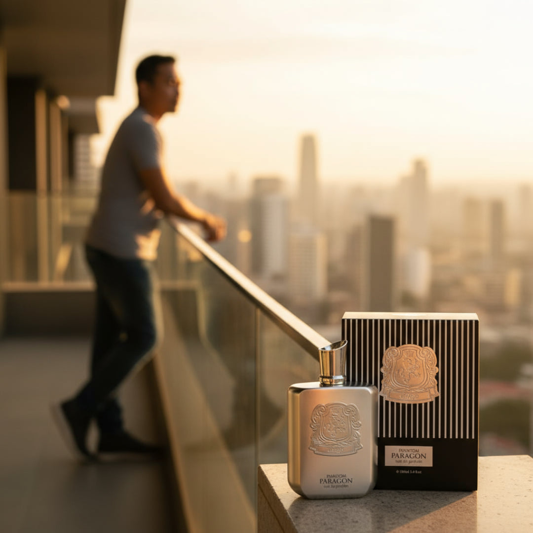 Zimaya Phantom Paragon perfume bottle on balcony golden hour skyline Malay man men scent Malaysia