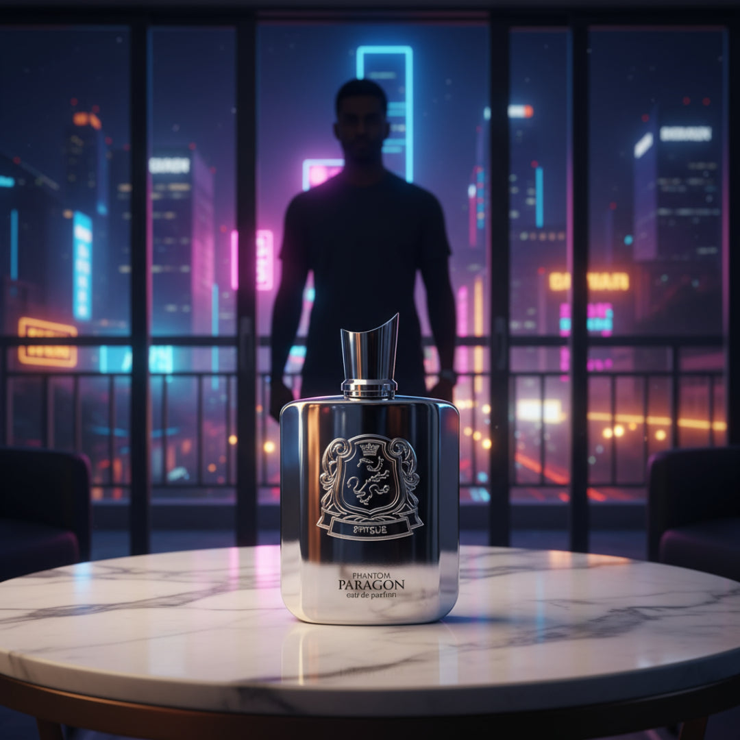 Zimaya Phantom Paragon perfume bottle on marble table city night reflection men fragrance Malaysia