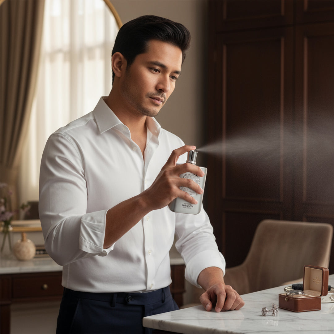 Malay man in white shirt with Zimaya Phantom Paragon perfume on white marble men scent Malaysia