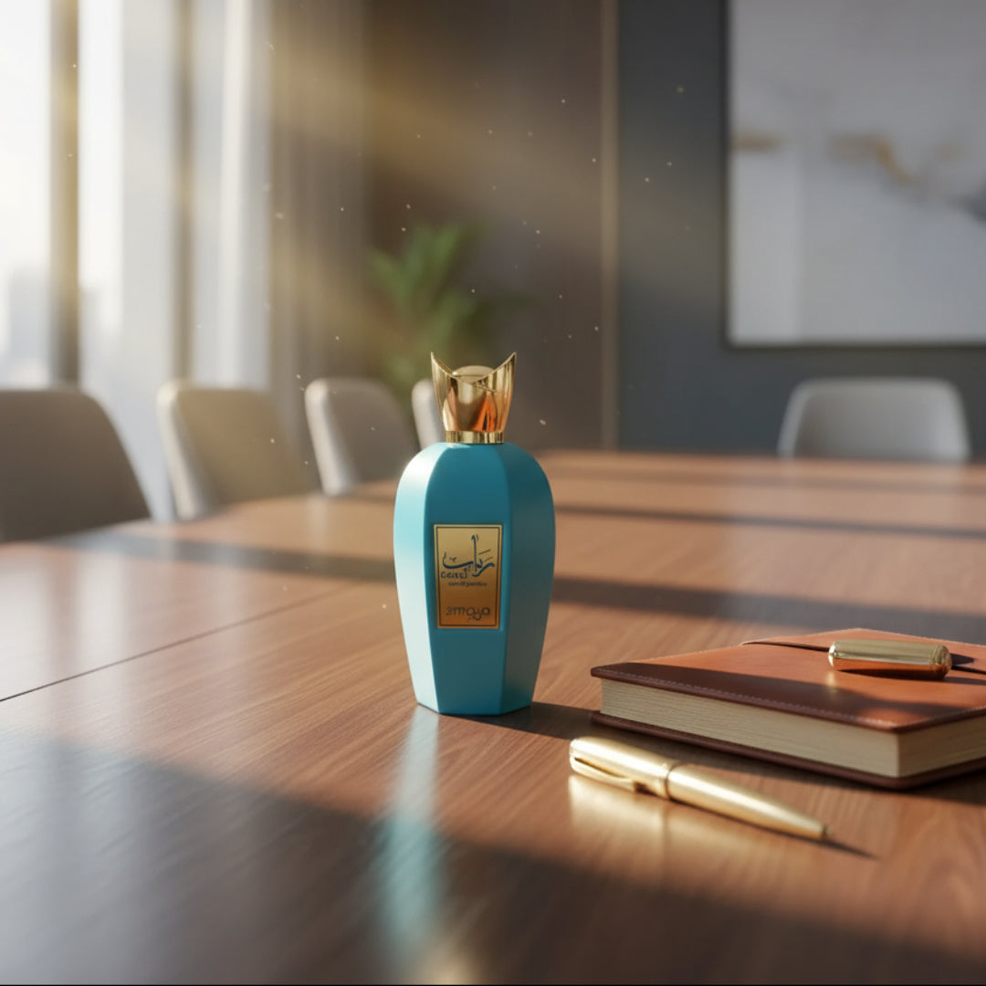 Rabab Blue by Zimaya perfume bottle on meeting table with gold pen and leather notebook KL office Malaysia