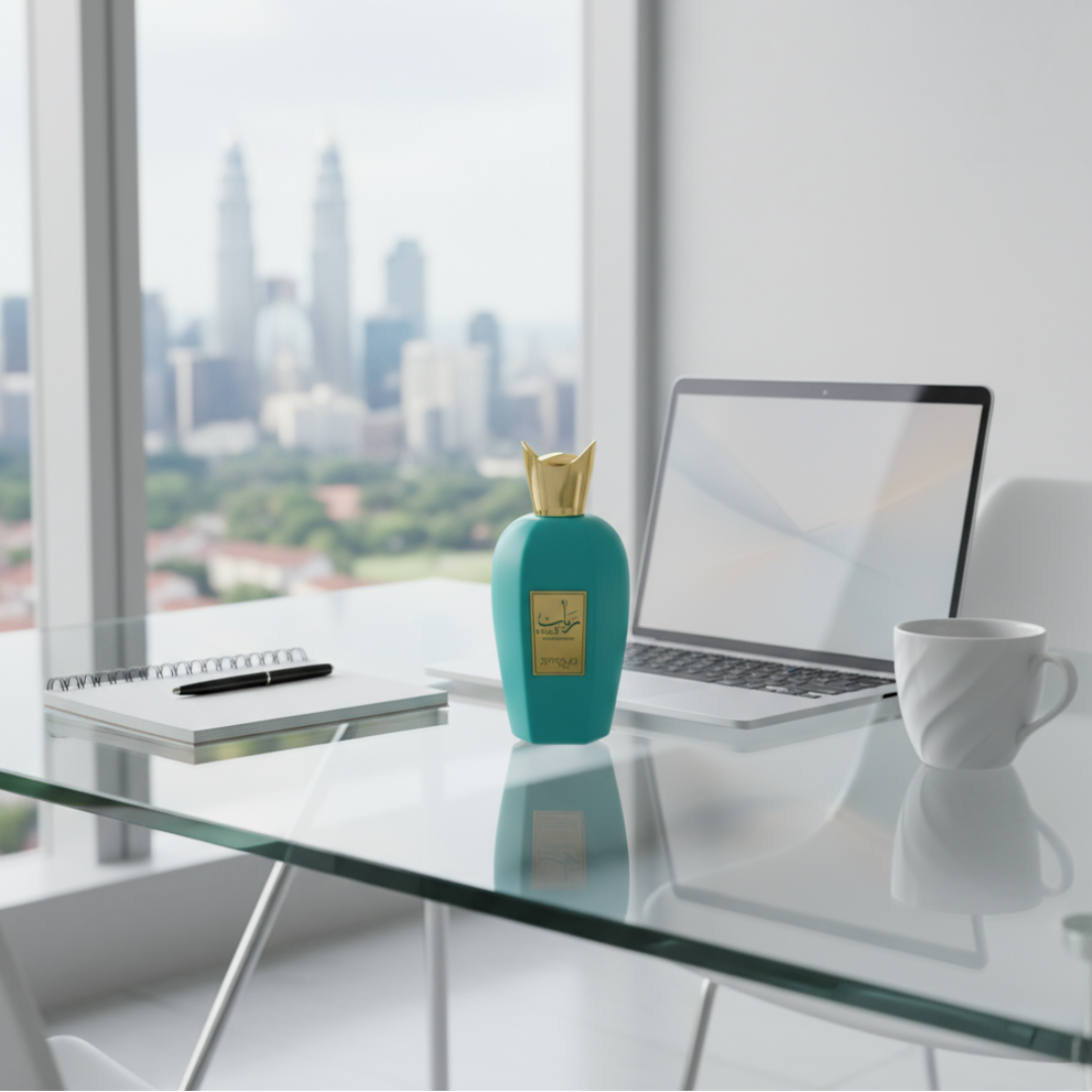 Rabab Blue by Zimaya perfume bottle on glass office desk with sunlight and coffee KL Malaysia modern unisex fragrance