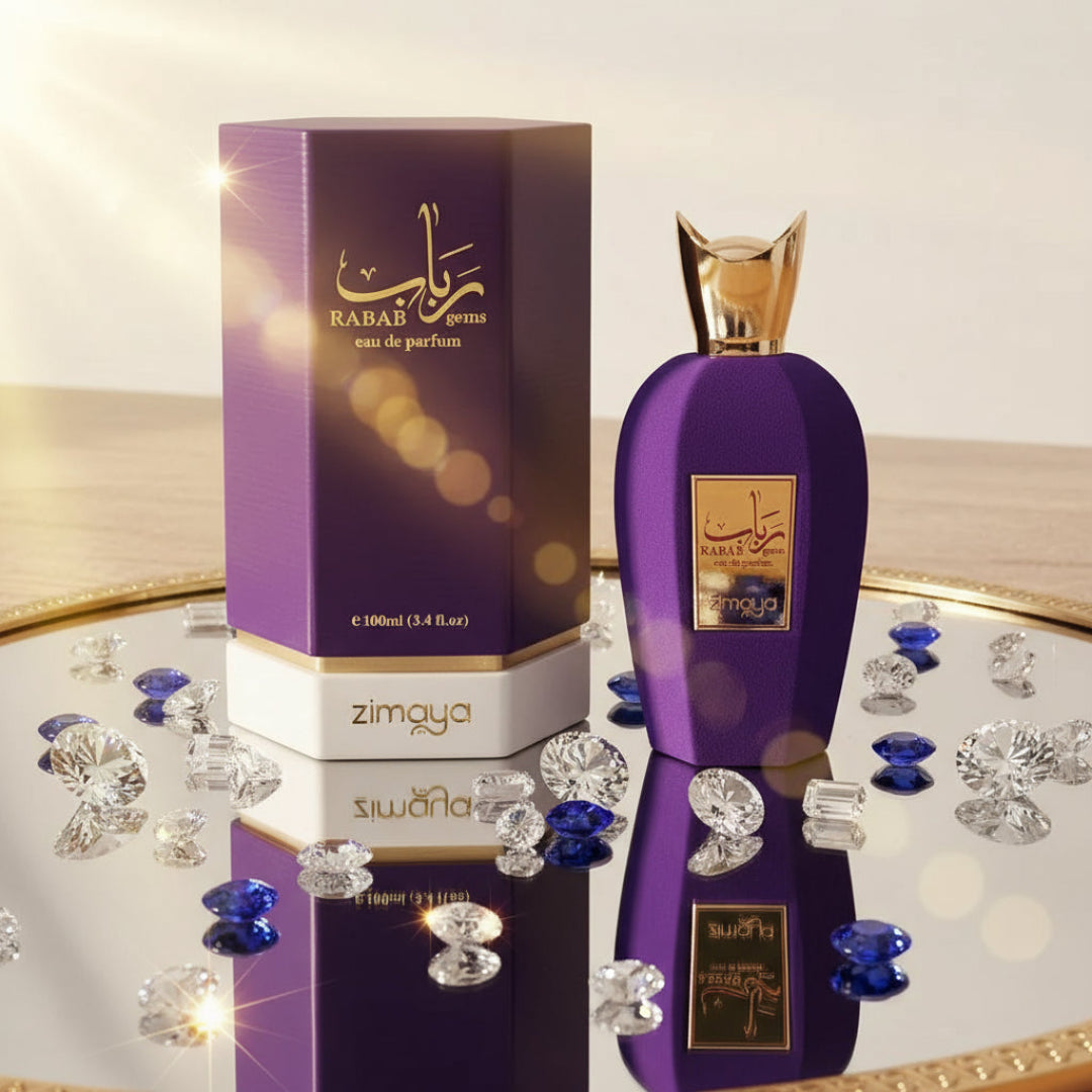 Rabab Gems by Zimaya perfume bottle on mirrored tray with jewels gold light luxury unisex fragrance Malaysia