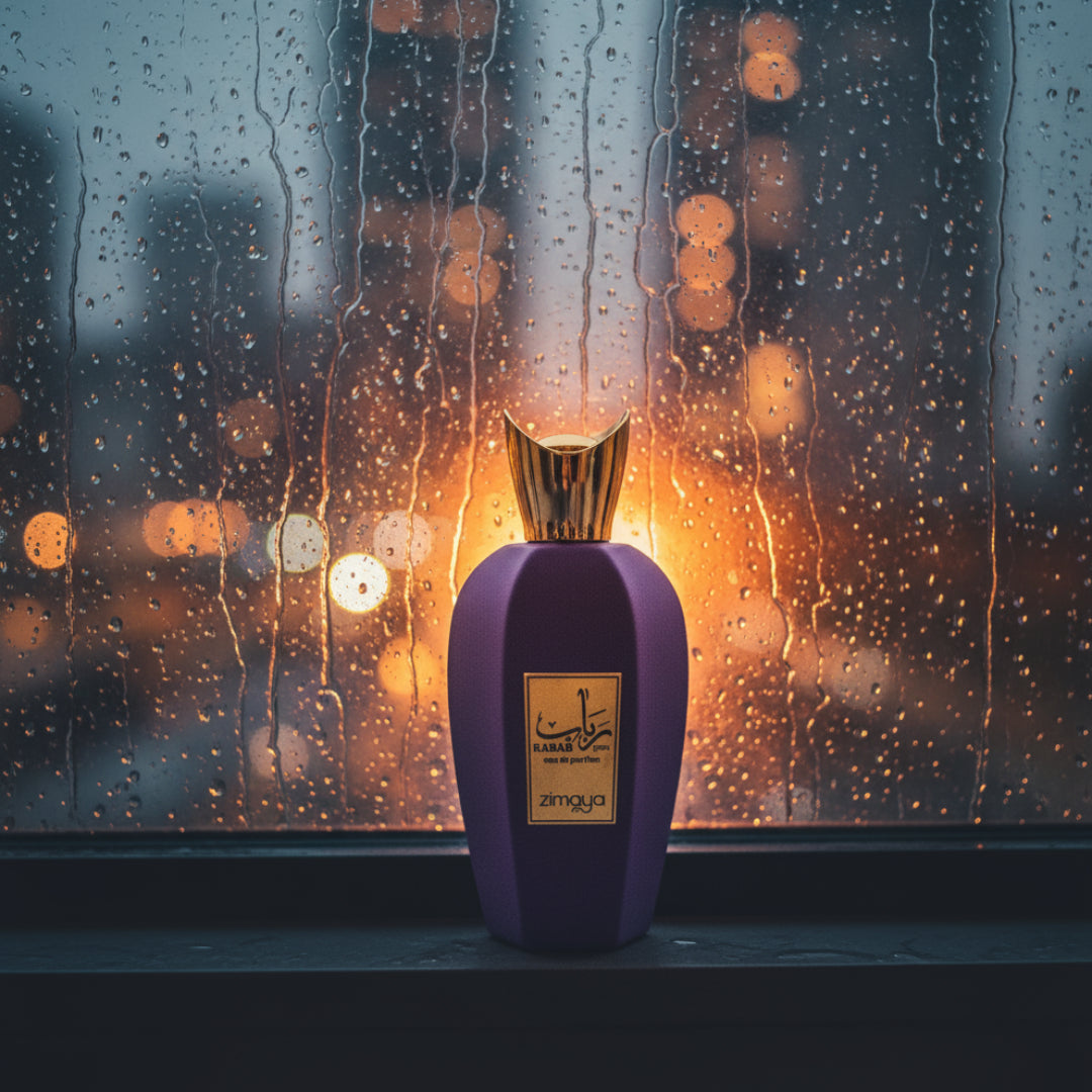 Rabab Gems by Zimaya perfume bottle on window ledge with rain and city lights unisex fragrance Malaysia