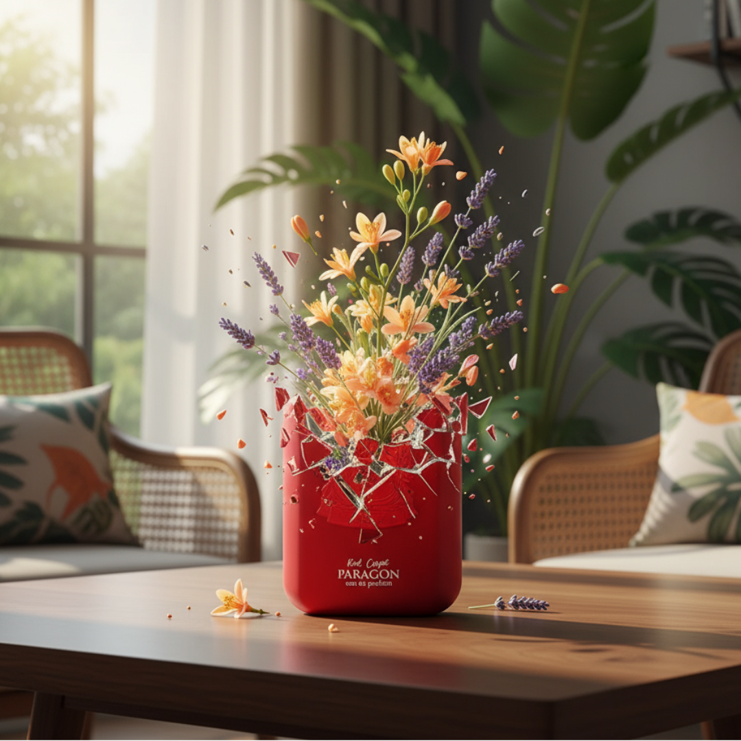 Red Paragon Eau de Parfum bottle with silver cap on a white background