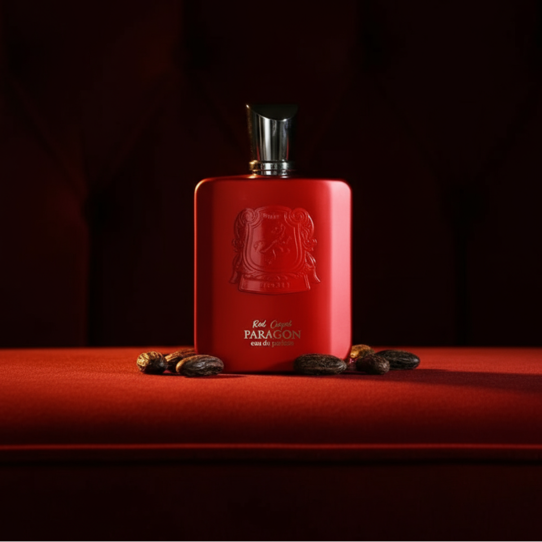Red Carpet Paragon by Zimaya perfume bottle on velvet sofa amber light luxury unisex scent Malaysia