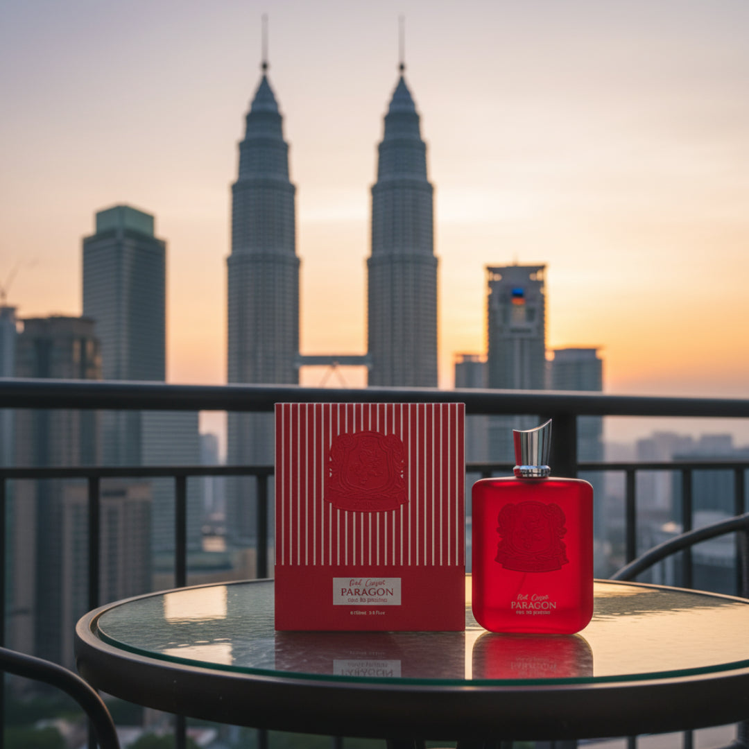 Red Carpet Paragon by Zimaya perfume on balcony KLCC sunset view luxury unisex fragrance Malaysia