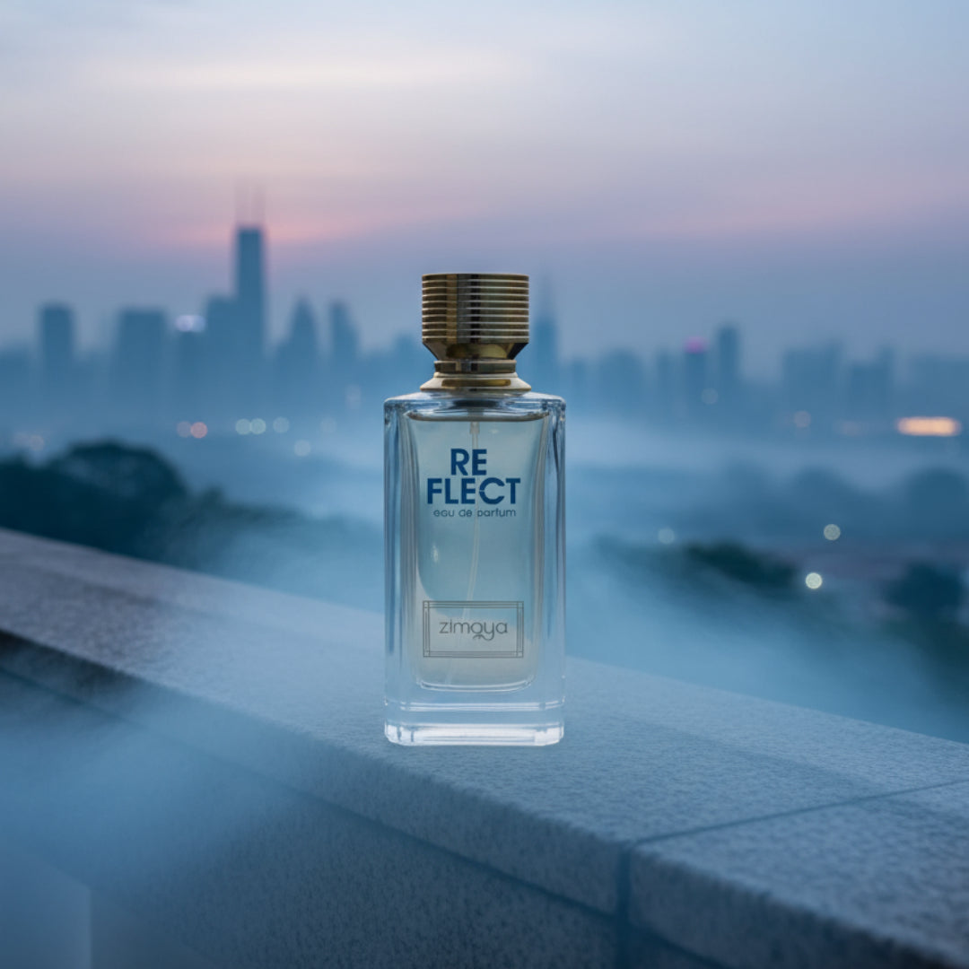 Reflect Perfume bottle labeled 'RE FLECT' with a cityscape in the background