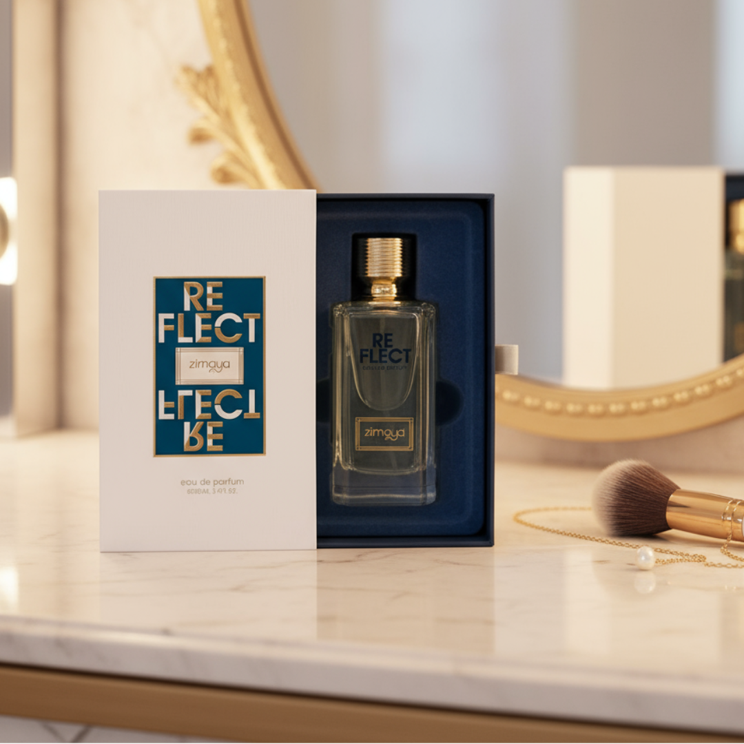 Reflect by Zimaya perfume bottle on vanity table with mirror reflection soft lighting Malaysia