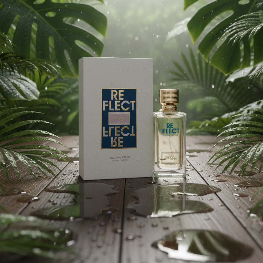 Reflect by Zimaya perfume bottle on wet table with tropical leaves and rain drops unisex scent Malaysia