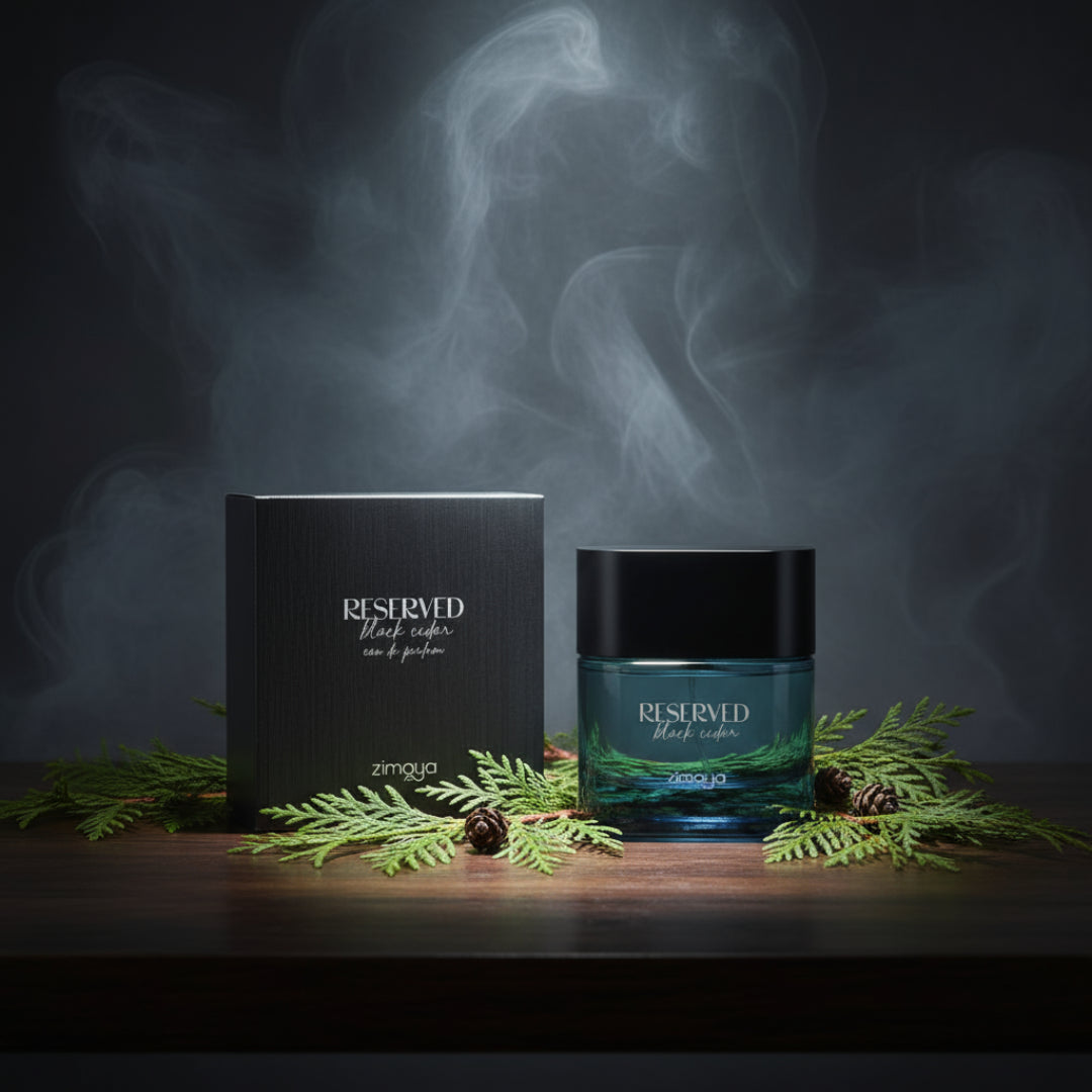 Reserved Black Cedar by Zimaya perfume bottle with cedar branches and smoky light men fragrance Malaysia