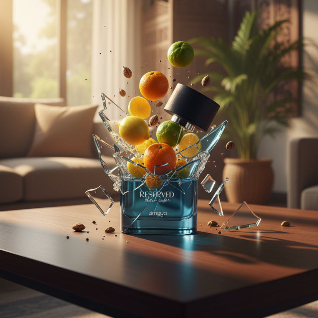 Blue reserved perfume bottle with fruits on a table in a bright room