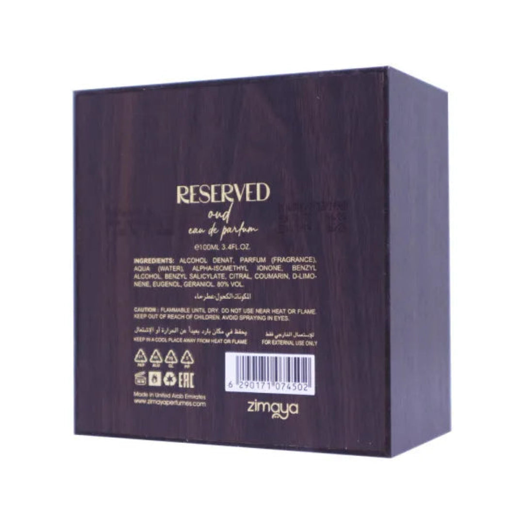 Back of a dark purple perfume box with 'Reserved' branding and product details.