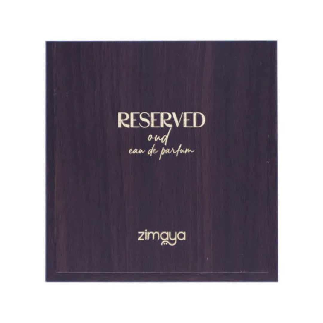 Dark brown box with 'Reserved oud eau de parfum' text and 'zimaya' branding on a white background