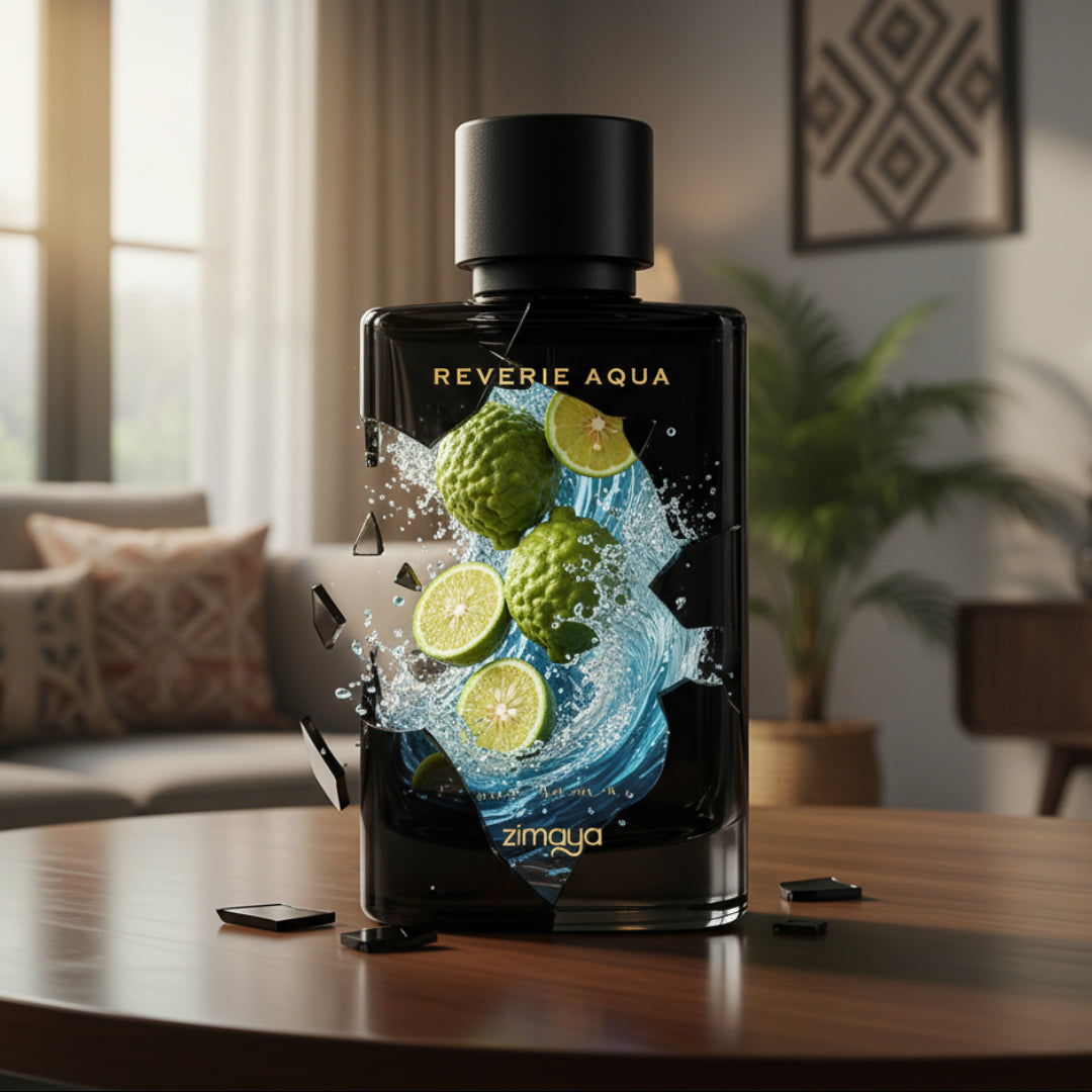 Reverie Aqua perfume bottle on a wooden table with a blurred living room background