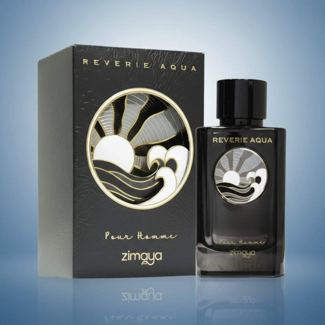 Reverie Aqua by Zimaya perfume bottle in blue gradient studio soft reflections minimal fragrance Malaysia