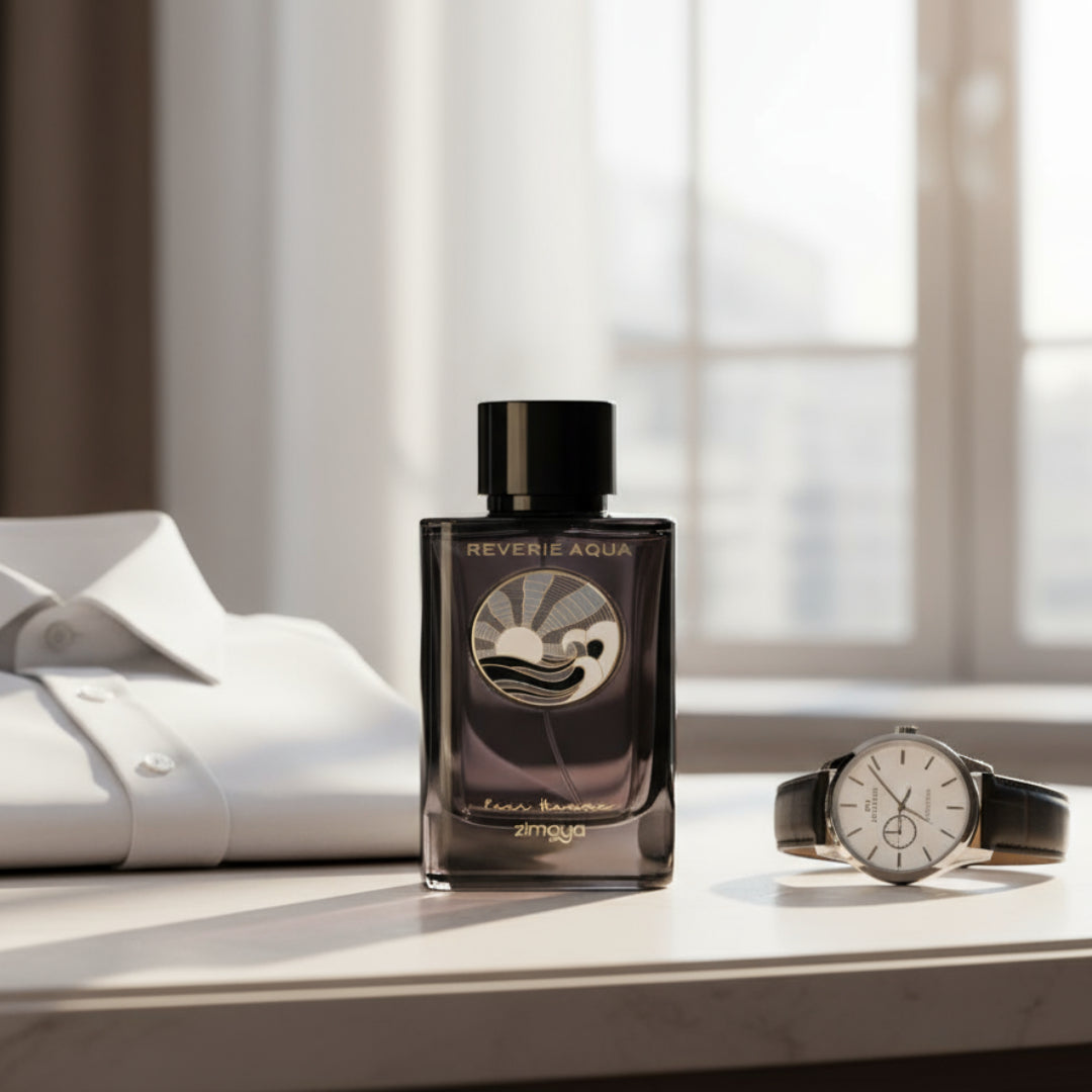 Reverie Aqua by Zimaya perfume bottle beside white shirt and watch morning light luxury men scent Malaysia