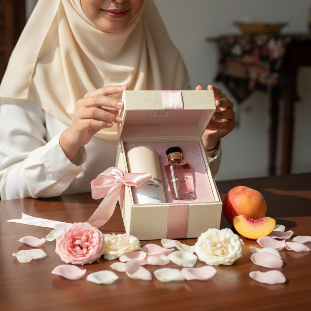 Malay hijabi woman receiving perfume gift box on table with rose petals &ndash; Rose of Dreams Malaysia