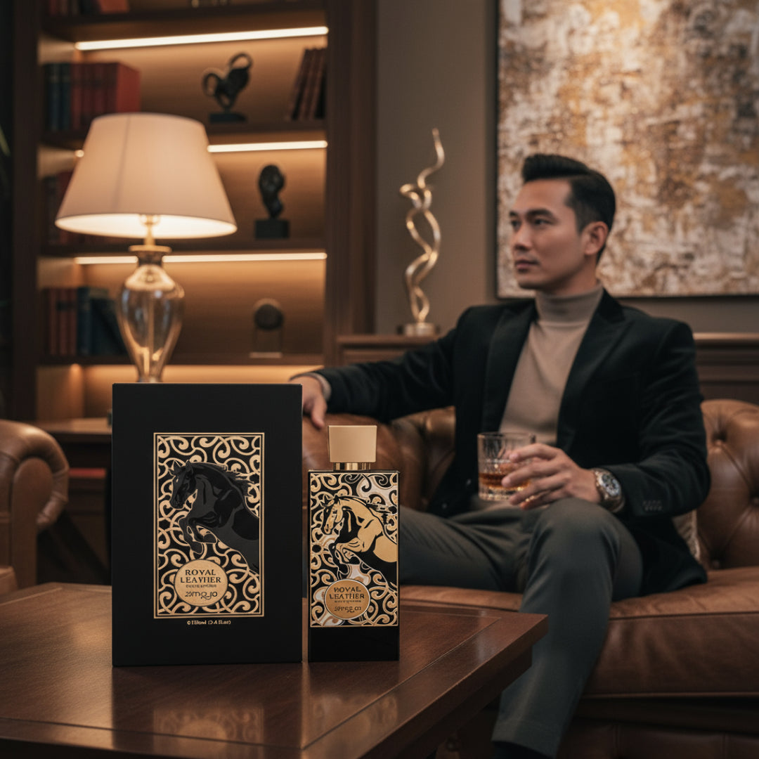 Royal Leather by Zimaya perfume bottle and box in lounge leather sofa luxury men Malaysia
