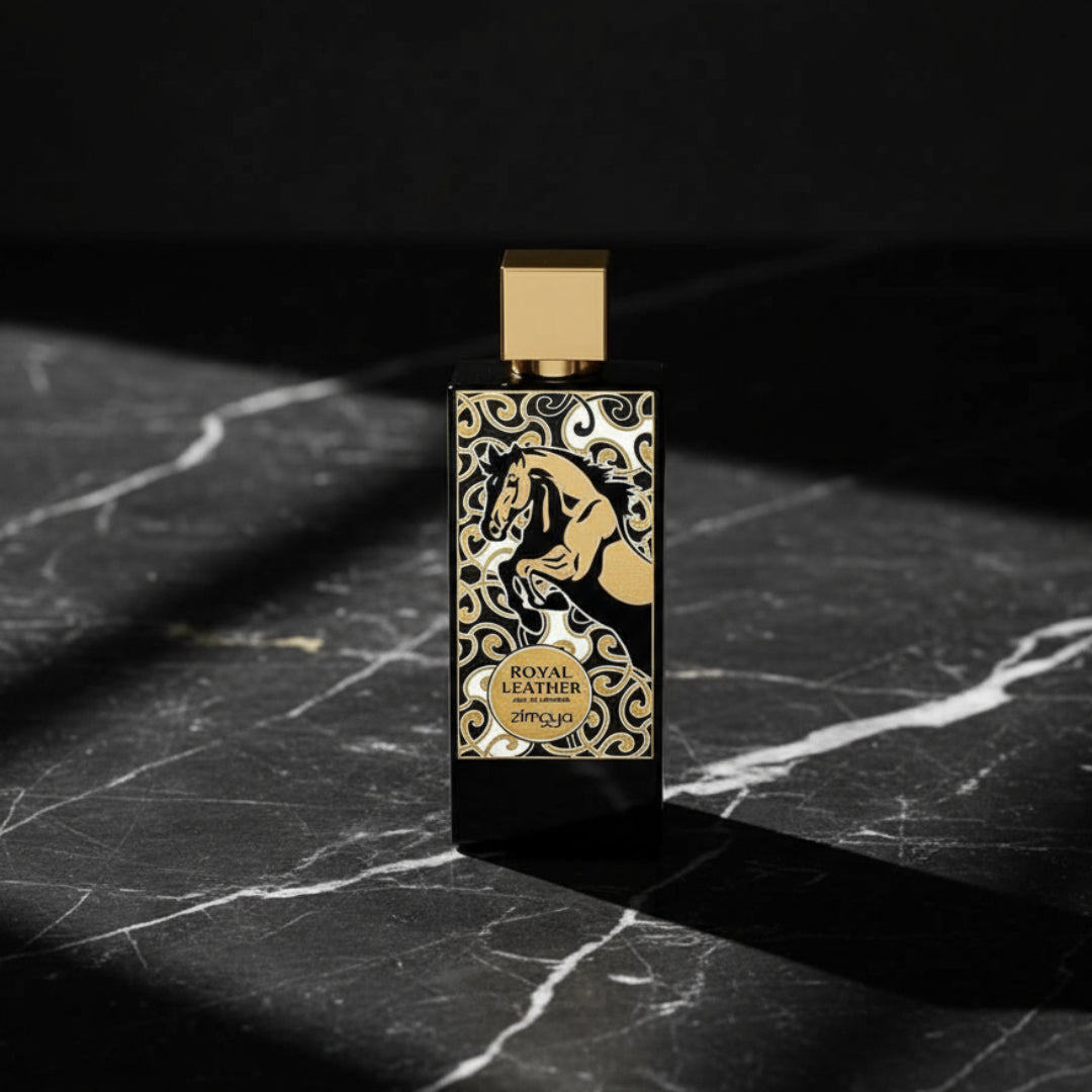 Royal Leather by Zimaya perfume bottle on black marble surface modern men fragrance Malaysia”