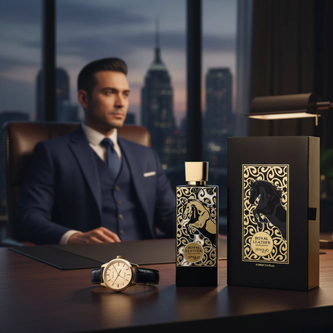 Malay man with Royal Leather by Zimaya perfume bottle and box executive desk luxury men fragrance Malaysia
