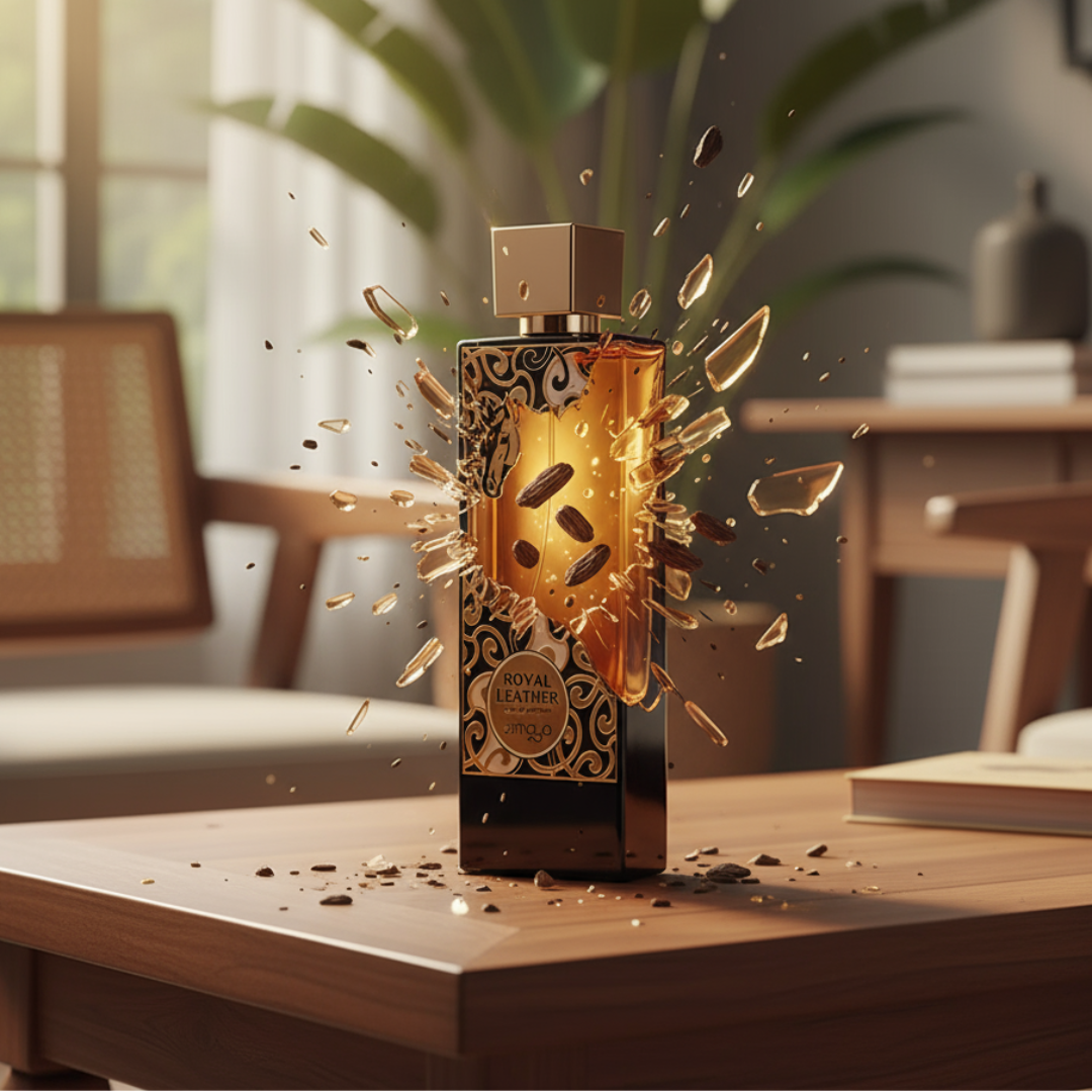 Botol Royal Leather Zimaya perfume - Perfume bottle with decorative elements on a wooden table in a room setting