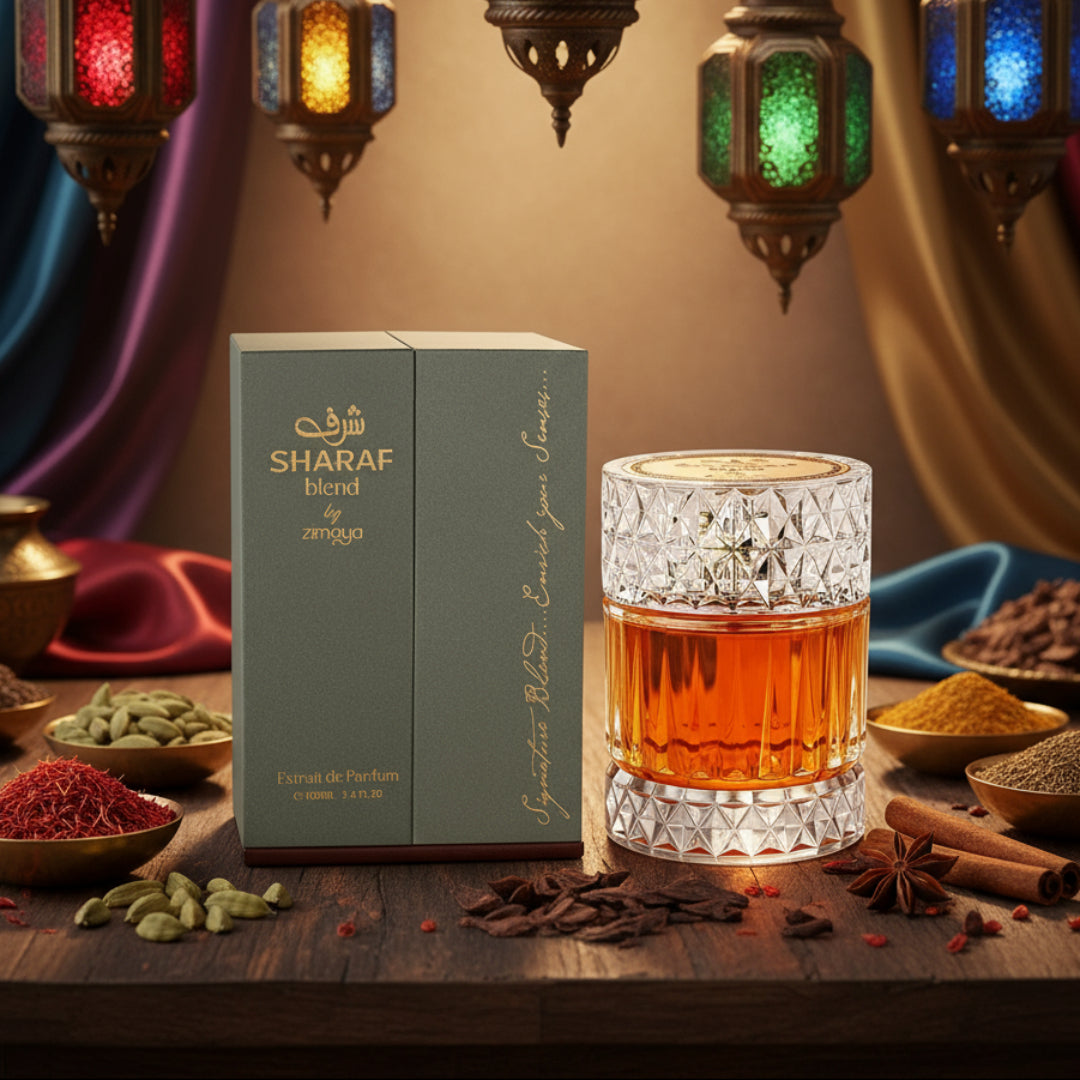 Sharaf Blend by Zimaya perfume bottle surrounded by spices and lanterns Arabic unisex perfume Malaysia