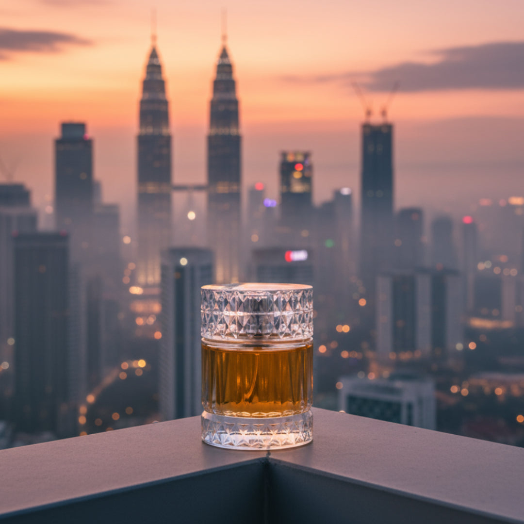 Sharaf Blend by Zimaya perfume bottle on balcony with KL sunset mist luxury fragrance Malaysia