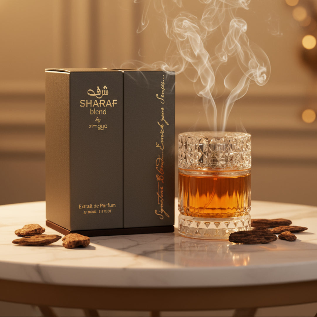 Sharaf Blend by Zimaya perfume bottle on marble with gold reflections and oud smoke unisex fragrance Malaysia