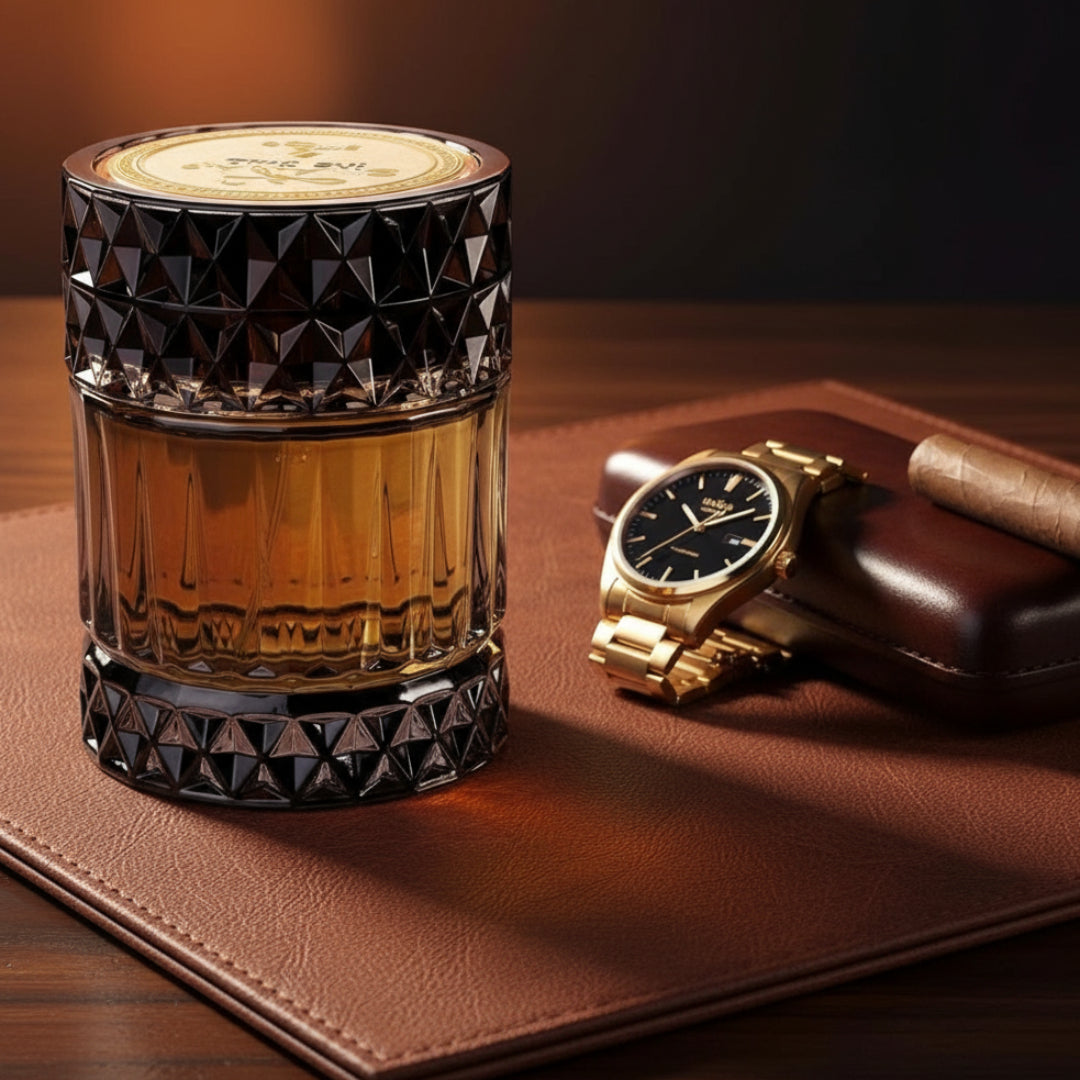 Sharaf The Club by Zimaya perfume bottle on leather desk with watch and cigar luxury men perfume Malaysia