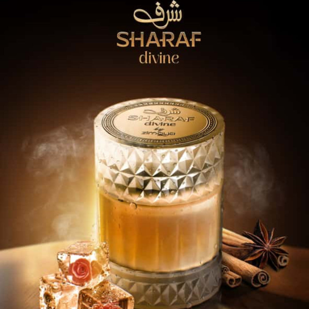 Sharaf Divine 100ml Extrait by Zimaya – minyak wangi unisex bau woody amber mewah Malaysia